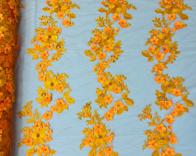 Mia Fabrics Inc, Orange 3D Floral-Flower With Pearl, Bridal Lace 3D Flower Wedding Lace by the Yard (Pick a Size)