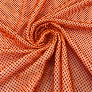 Orange Rhinestones Fabric On Orange Stretch Net Fabric, Spandex Fish Net with Crystal Stones sold by the yard