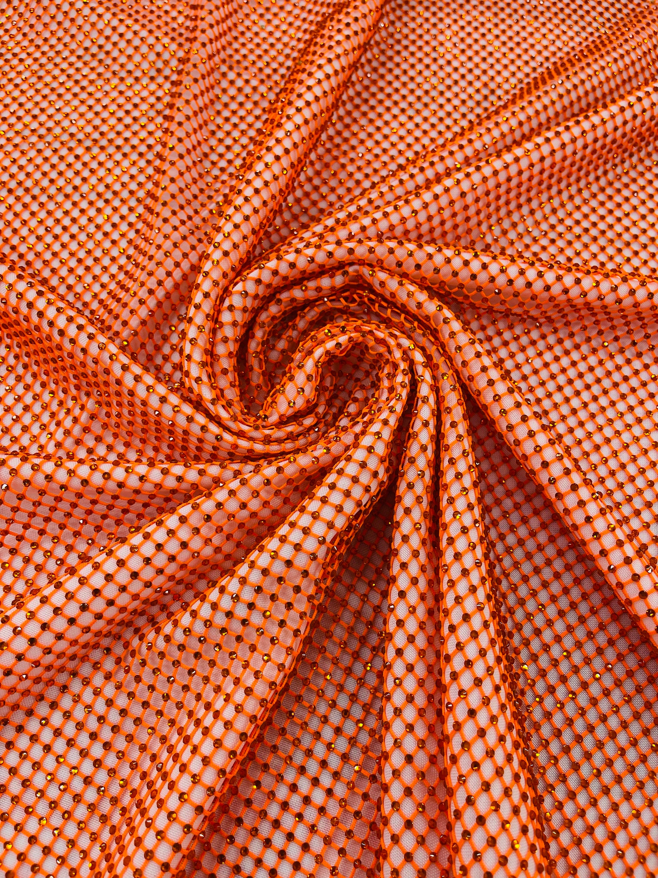 Orange Rhinestones Fabric on Orange Stretch Net Fabric, Spandex