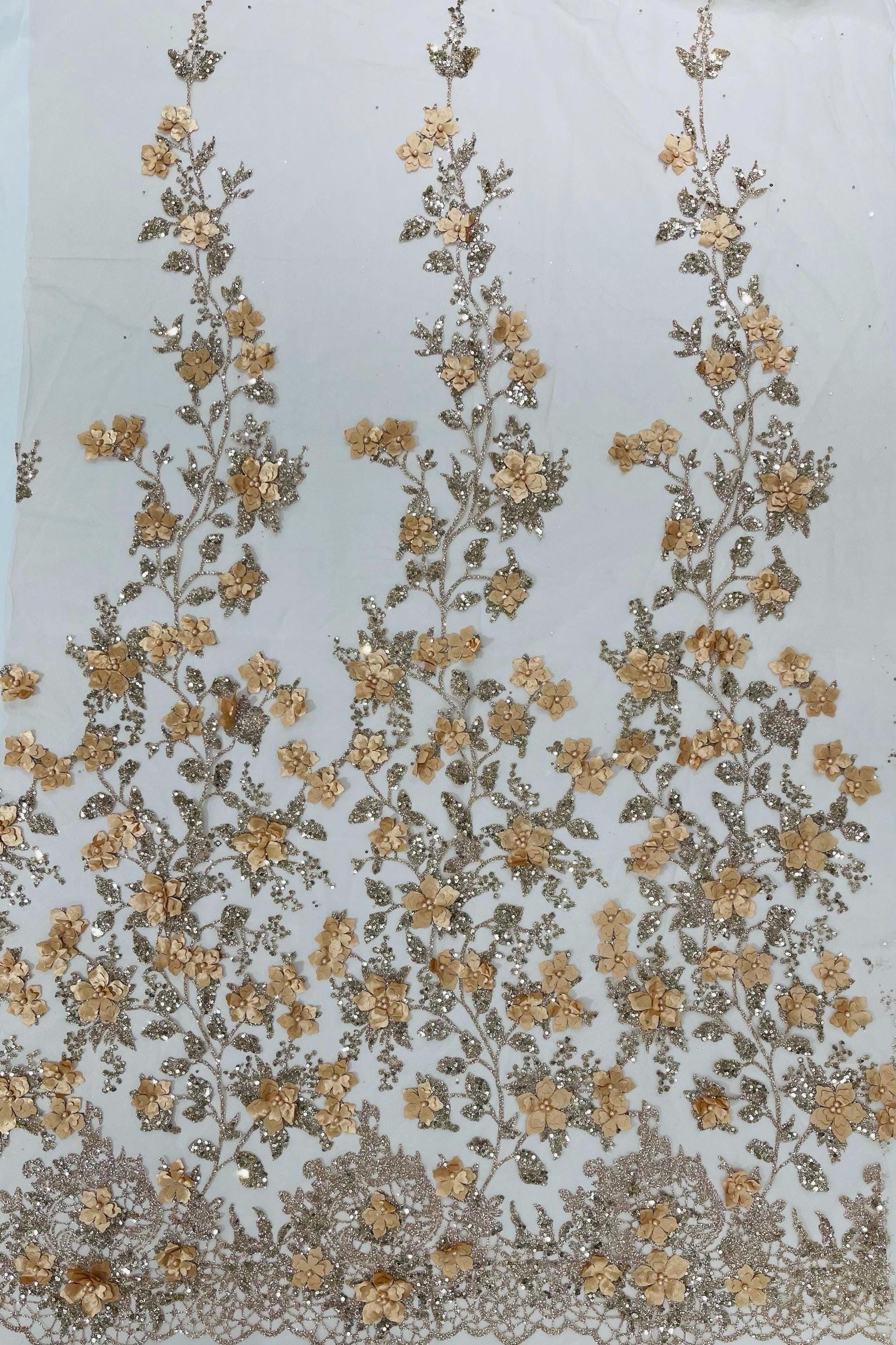 Skin Gold 3D Flower Glitter Sequin Fabric by the Yard, 3D Floral ...