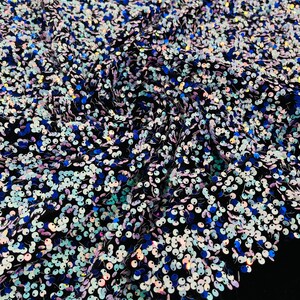 Aqua/Blue Iridescent Sequin on Black Stretch Velvet With Sequins all Over 5mm Sequins 2-way Stretch 58/60” Sequins Velvet By The Yard