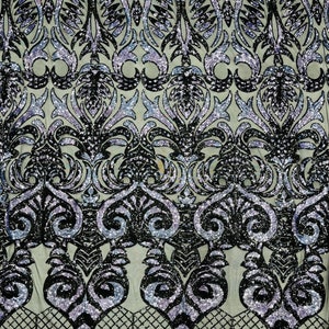 Zwarte damast geborduurde paillettenstof, 4-way stretch mesh, galajurk