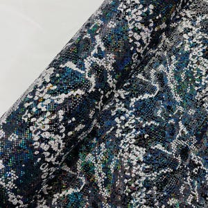 Black Silver Glitter Snake Design Shattered Glass Nylon Spandex Fabric By Yard, Snake Flocking Hologram, Glitter Snake Nylon Spandex Fabric