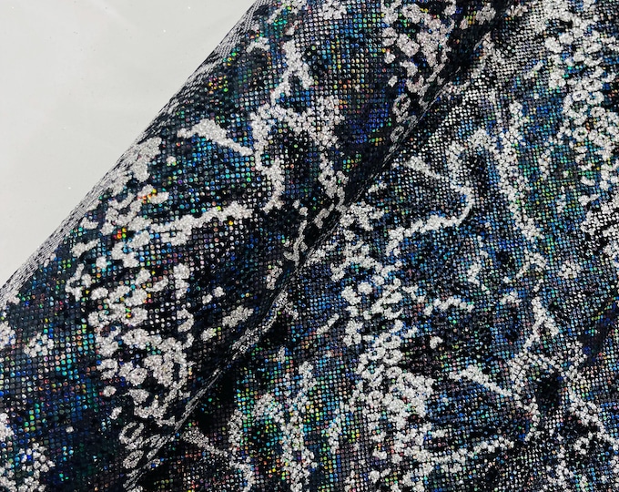 Black Silver Glitter Snake Design Shattered Glass Nylon Spandex Fabric By Yard, Snake Flocking Hologram, Glitter Snake Nylon Spandex Fabric