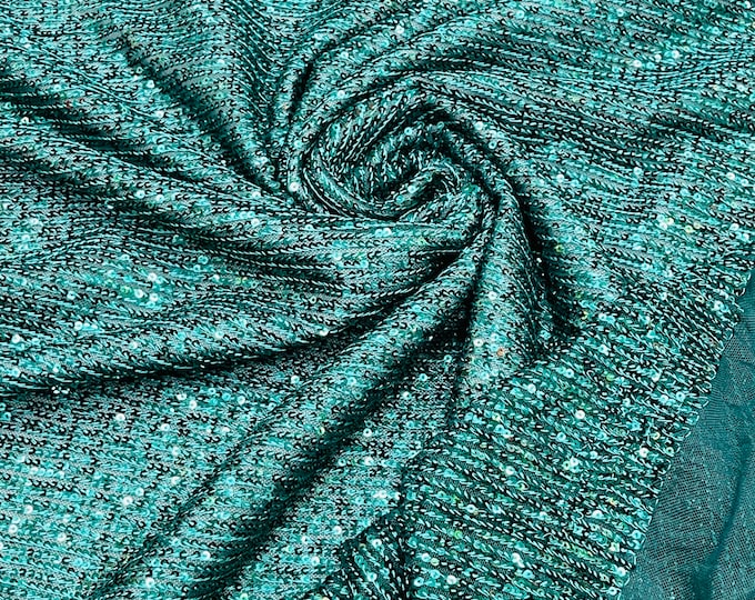 Hunter Green Mille Striped Stretch Sequins Lace Spandex Mesh-Prom-Gown By The Yard, Formal Wedding Couture Fabric Sequin Fabric