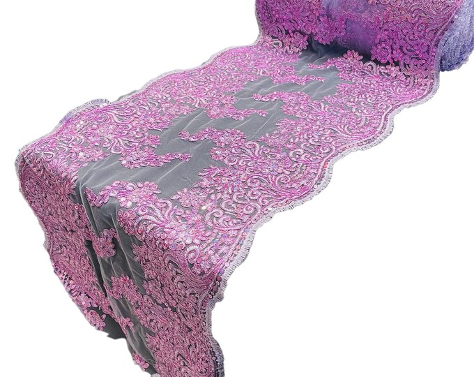 14”Wide Metallic Lilac Floral Lace Fabric For Runner, by the yard - Embroidery With Sequins on a Mesh Lace Fabric For Applications