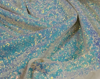Blue Iridescent Mini Glitz Sequins on Off White Spandex Mesh,4Way Stretch Sequin Fabric Dresses-Nightgowns-Prom Gown (Choose The Size)