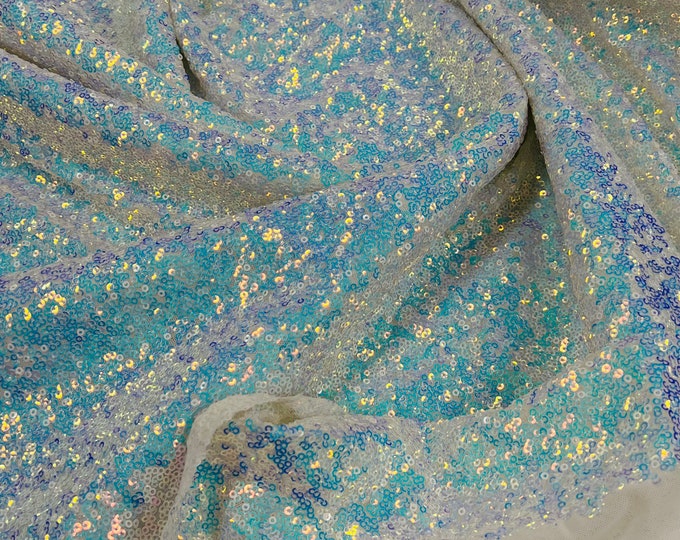 Blue Iridescent Mini Glitz Sequins on Off White Spandex Mesh,4Way Stretch Sequin Fabric Dresses-Nightgowns-Prom Gown (Choose The Size)