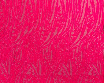 Hot Pink Damask Sequin Fabric, 4-Way Stretch Spandex Mesh, By The Yard