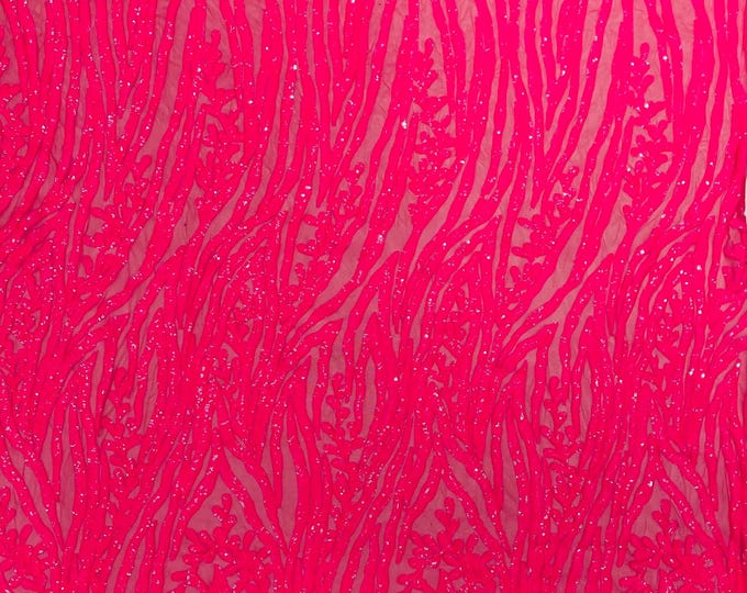 Hot Pink Sequin Fabric 4 Way Stretch Fashion Design Sequins on White Spandex Mesh Prom Gala Gown Fabric By The Yard