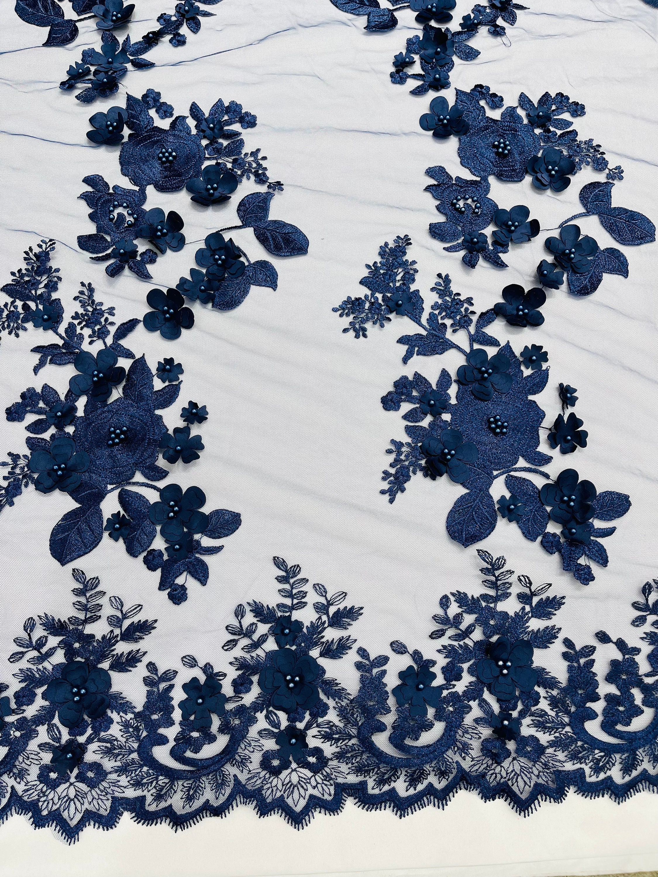Navy Blue 3D Floral Lace Fabric With Pearls - Bridal Wedding Lace - Etsy