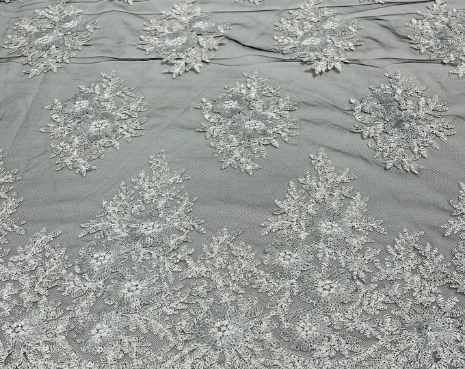 Silver on Black Mesh Lace Fabric - by yard - Corded Flower Embroidery With Glitter/Sequins on a Mesh Lace Fabric For Wedding-Bridal
