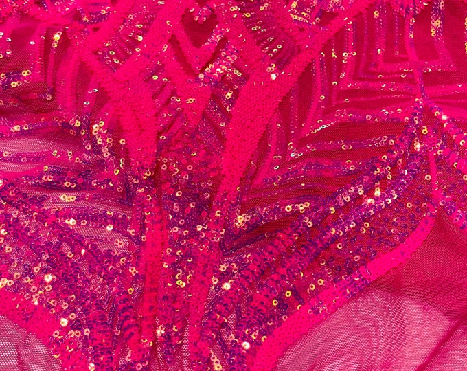 Hot Pink Iridescent Sequins Fabric | 4 Way Stretch Mesh | Embroidered Royalty Design With Sequin Lace Prom-Gown by the yard