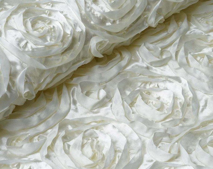 Ivory Rosette Fabric 3D Rosette Satin, Floral Satin ( Choose The Size )