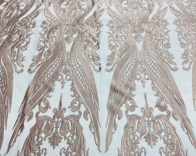 Blush Lace Fabric, Corded Lace Embroidery on a Mesh Lace Fabric By The Yard For Gown, Wedding-Bridal-Dress (Choose The Size)