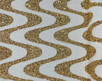 White Stretch Velvet Fabric: Gold Wavy Sequin Design - By The Yard