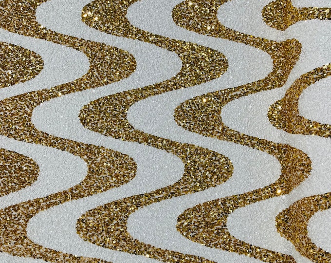 Stretch Velvet Sequins - White / Gold Sequin on Stretch Velvet Fabric - Wavy Line Design with 5mm Sequins By Yard