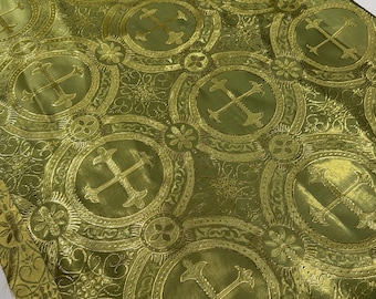 Olive/Gold Cross Brocade Fabric: Religious Vestment Material - 58/60" Wide