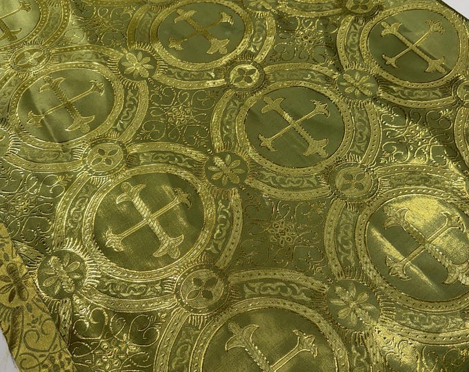 Olive/Gold Cross Brocade Fabric: Religious Vestment Material - 58/60" Wide