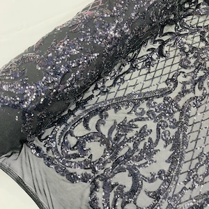 Black Hologram Sequins Fabric | 4 Way Stretch Mesh | Embroidered Damask Design With Iridescent Sequin Lace Prom-Gown by the yard