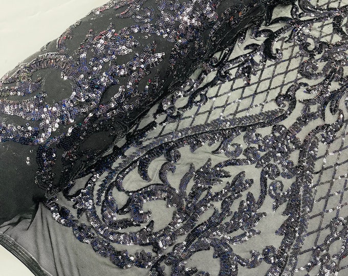 Black Hologram Sequins Fabric | 4 Way Stretch Mesh | Embroidered Damask Design With Iridescent Sequin Lace Prom-Gown by the yard