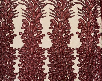 Burgundy Beaded Peacock Feather Lace Fabric, Embroidered Sequins, Prom Dress