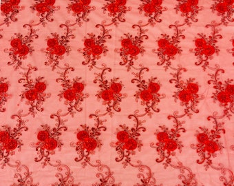 Red Floral Lace Fabric: Embroidered Sequins Mesh, Bridal Gown Material By The Yard