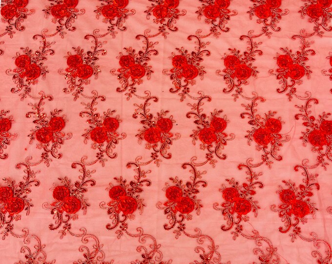 Red Flowers Floral Lace Fabric - By The Yard - Embroidery Flower With Sequins on a Mesh Lace Fabric For Gown, Wedding-Bridal