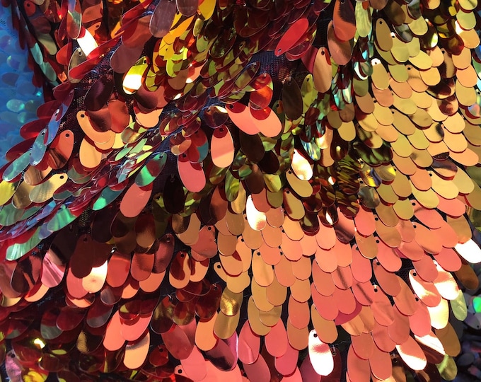 Iridescent Hologram Oval Tear Drop Sequins Fabric - Iridescent Orange  - Mermaid Fabrics Dresses-Nightgowns-Prom Gown (Pick a Size)
