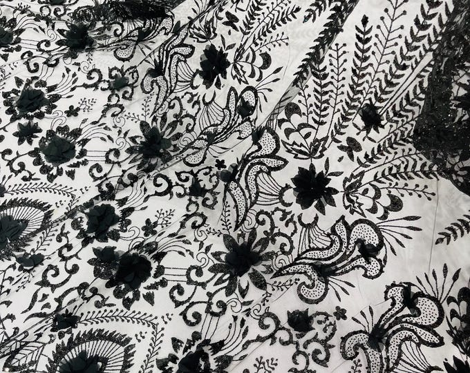Black 3D Flower Sequin Fabric: Glitter Floral Mesh, Wedding Dress Quinceañera