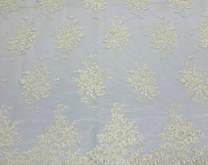 Cream/Ivory Floral Lace Fabric, Embroidery on a Mesh Lace Fabric By The Yard For Gown, Wedding-Bridal-Dress