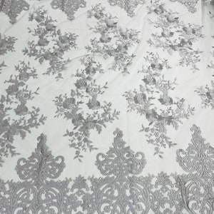 Silver Damask Lace Fabric: Embroidered Floral Mesh, Bridal Wedding Dress Lace - By The Yard