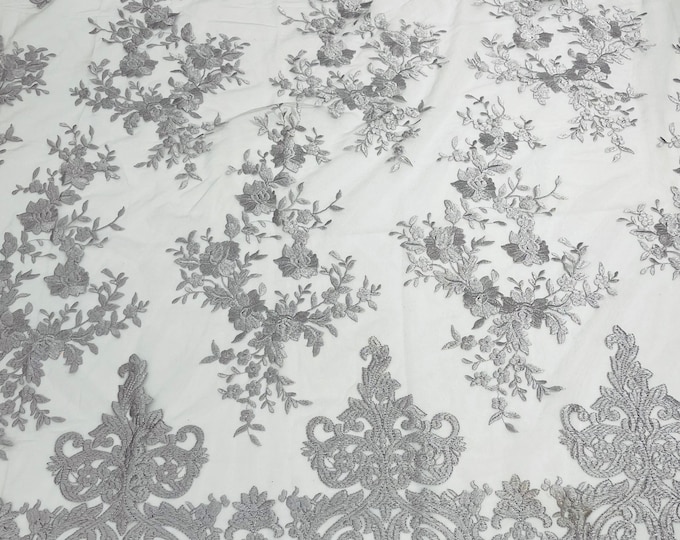 Silver Bridal Lace - by the yard - Damask Design Embroidered on Mesh Lace Fabric, Floral Wedding Dress (Pick a Size)