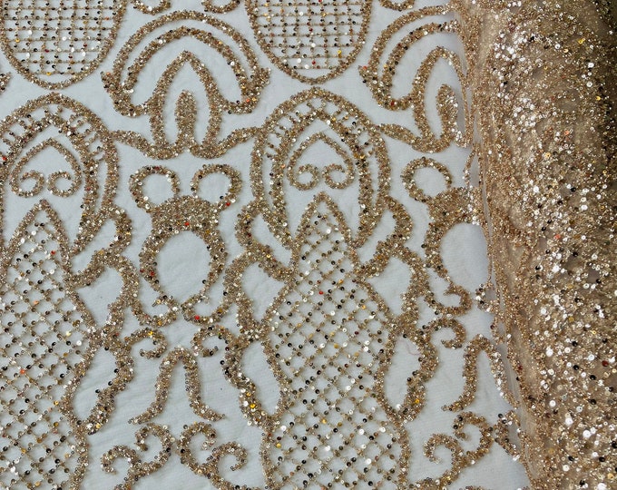 Rose Gold Beaded Fabric by the yard, Bridal Wedding beaded, Damask Pattern With Beads and Sequin, Appliqué lace for bridals,weddings