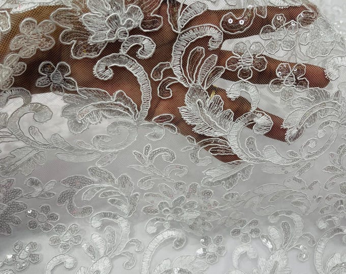 White Corded Flower Lace Fabric by the yard: Embroider With Holographic Sequins Fabric