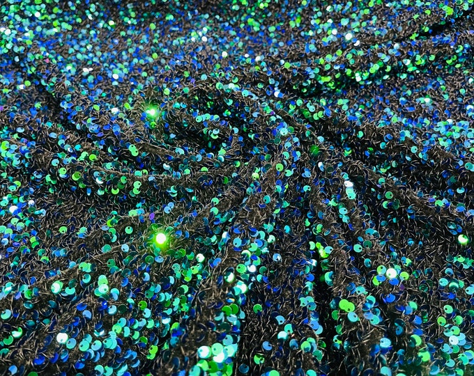 Mermaid Iridescent Sequin Fabric on Black Stretch Velvet - by the yard - all Over 5mm Sequins Velvet 2-way Stretch 58/60”