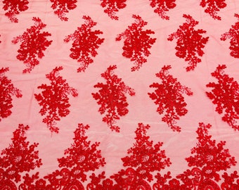 Red Floral Lace Fabric, Embroidery on a Mesh Lace Fabric By The Yard For Gown, Wedding-Bridal-Dress