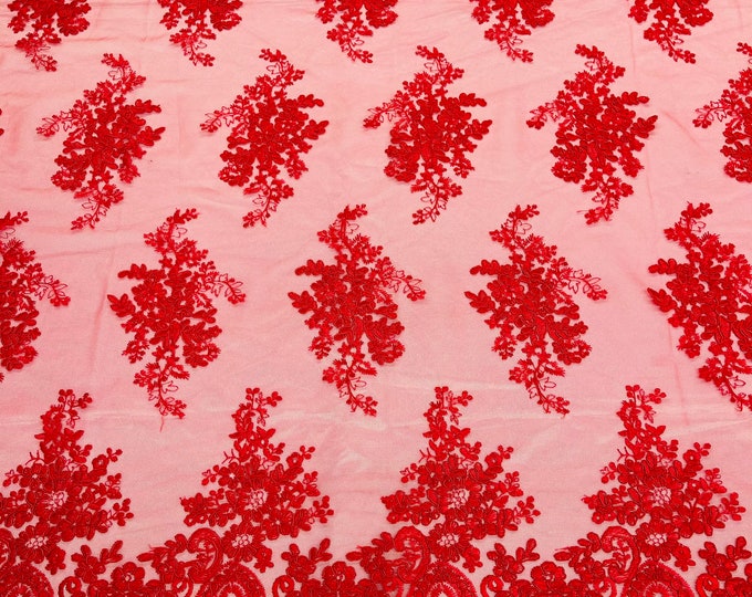 Red Floral Lace Fabric, Embroidery on a Mesh Lace Fabric By The Yard For Gown, Wedding-Bridal-Dress