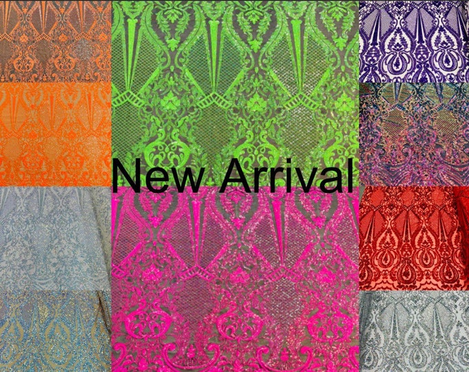 Sequin Fabric on Mesh - Damask Design on a 4 Way Stretch Sequins Fabric Mesh-Prom-Gown By Yard