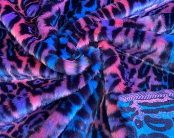 Purple Pink Blue Black Leopard Faux Fur Fabric By The Yard, Leopard Short Pile Fur Fabric, Multi-Color Leopard Apparel, Costume, 60"Wide