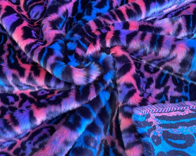Purple Pink Blue Black Leopard Faux Fur Fabric By The Yard, Leopard Short Pile Fur Fabric, Multi-Color Leopard Apparel, Costume, 60"Wide