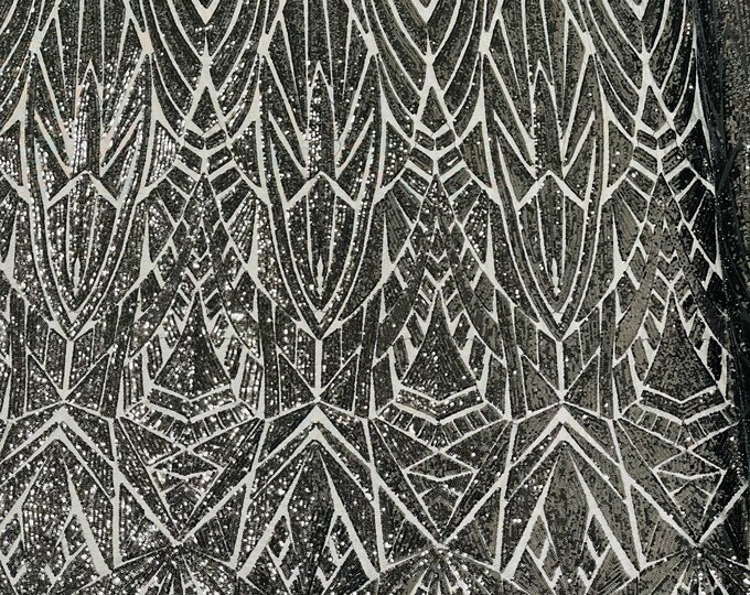 Black Sequins Fabric- Geometric Design 4 Way Stretch Sequin Fabric Sold By The Yard