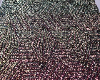 Iridescent Rainbow Geometric Design On Black Mesh-Prom-Gown, 2 Way Stretch Sequin Fabric By The Yard