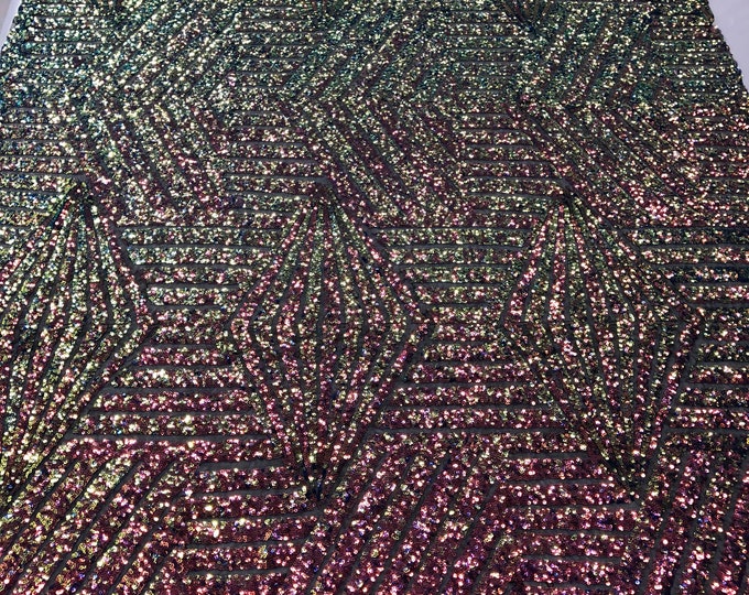 Iridescent Rainbow Geometric Design On Black Mesh-Prom-Gown, 2 Way Stretch Sequin Fabric By The Yard