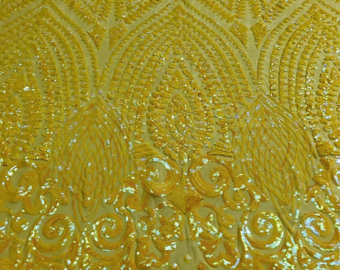 Yellow Iridescent - 4 Way Stretch Geometric Sequins Bella Design on Mesh Fabric for Prom Gala Gown Sold By The Yard