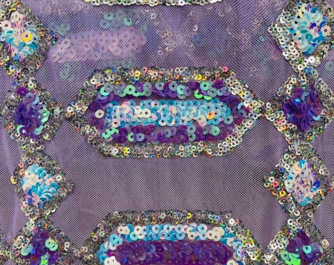 Lavender Iridescent Sequin Fabric by the yard on a Mesh, Jewel Design Embroidered on a Mesh 4 way Stretch Sequins ( Choose The Size )