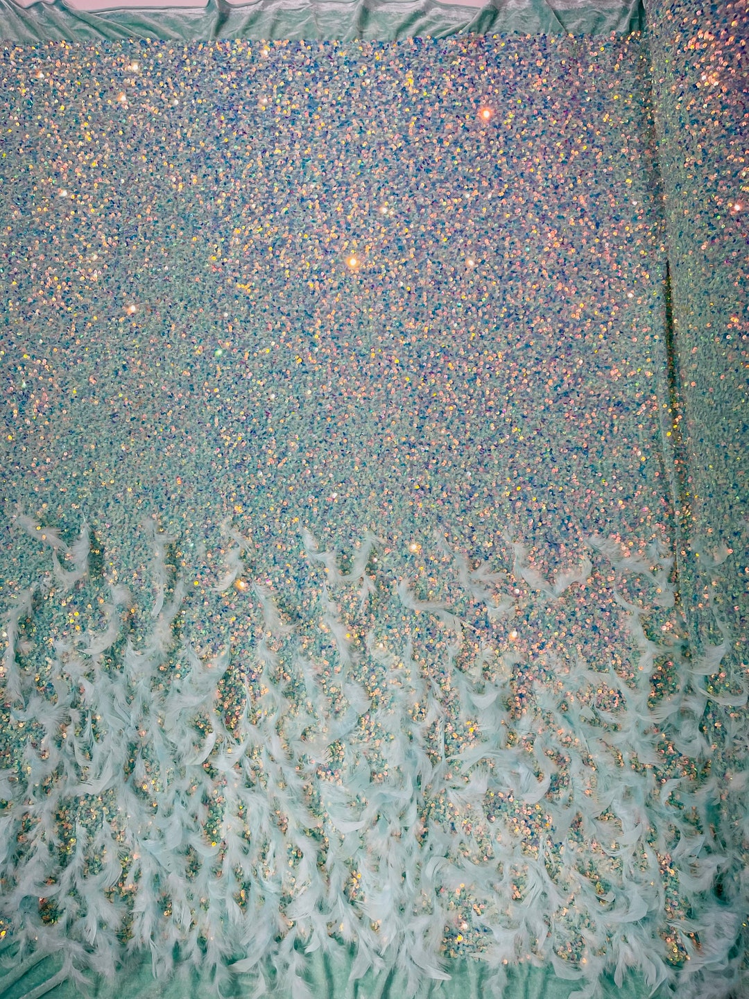 Clear Iridescent Sequin Velvet Fabric With Feathers on Mint Stretch ...