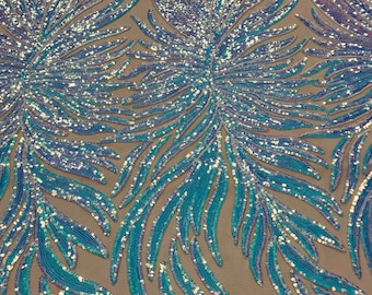 Aqua Iridescent Sequin Mesh Fabric – Phoenix Wing 4-Way Stretch