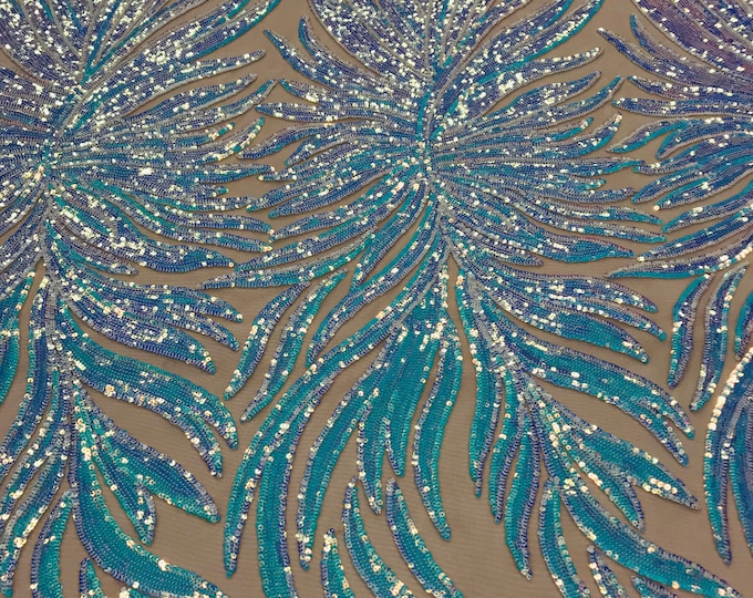 Iridescent Aqua - 4 Way Stretch Phoenix Wing Sequin Spandex Mesh Fabric for Prom Gala Gown Sold By Yard