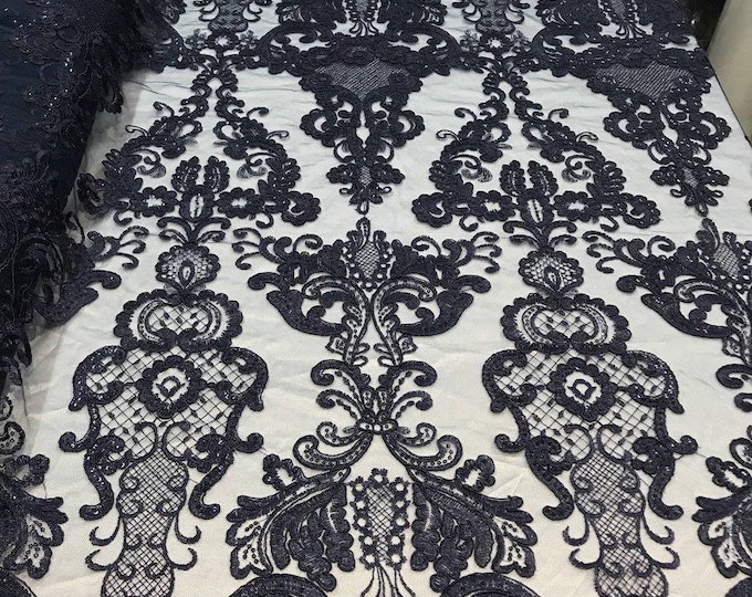 Navy Lace Fabric, Corded Flower Embroidery With Sequins on a Mesh Lace Fabric By The Yard For Gown, Wedding-Bridal-Dress